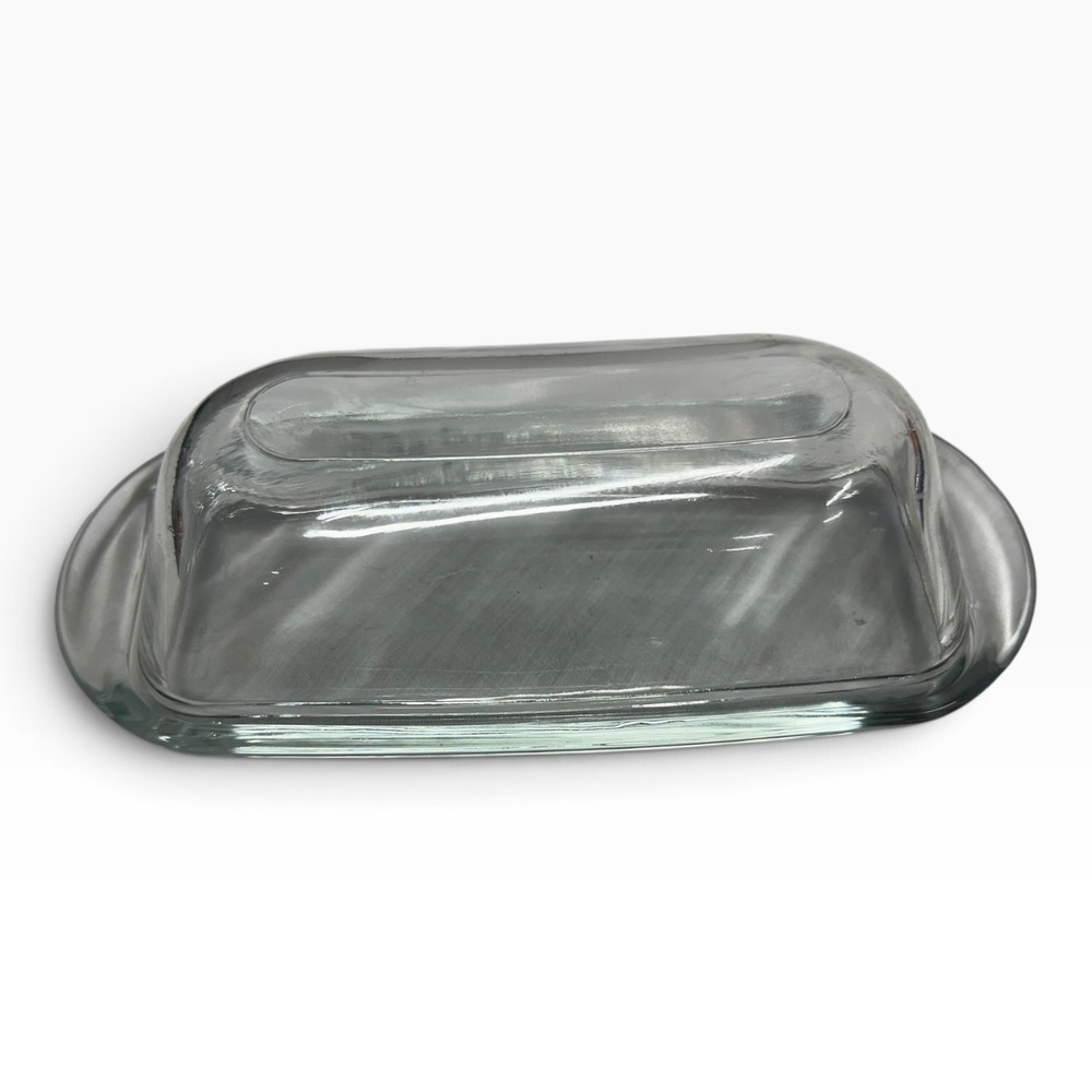 Clear Glass Butter Dish with Domed Lid and Rectangular Tray Kitchen Server
